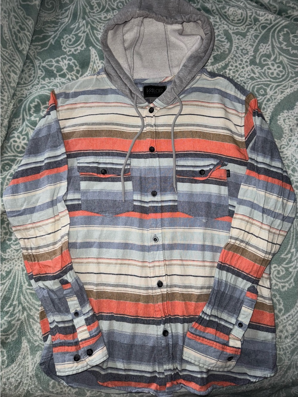 Valor Striped Hooded Casual Button-Down Shirt - Blue & Orange